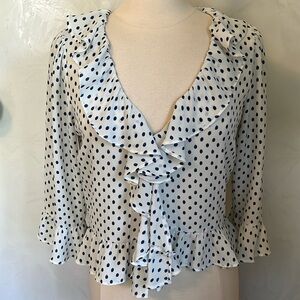 Gap Ivory wrap-ruffle blouse w/blue dots,3/4 sleeves eye hook for closure Size M